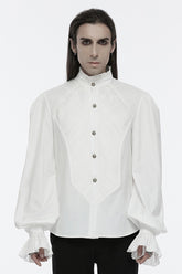 White Stand Collar Long Puff Sleeves Crochet Men's Gothic Blouse